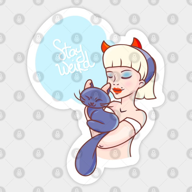 Stay Weird Witch Girl with a Cat Sticker by tatadonets